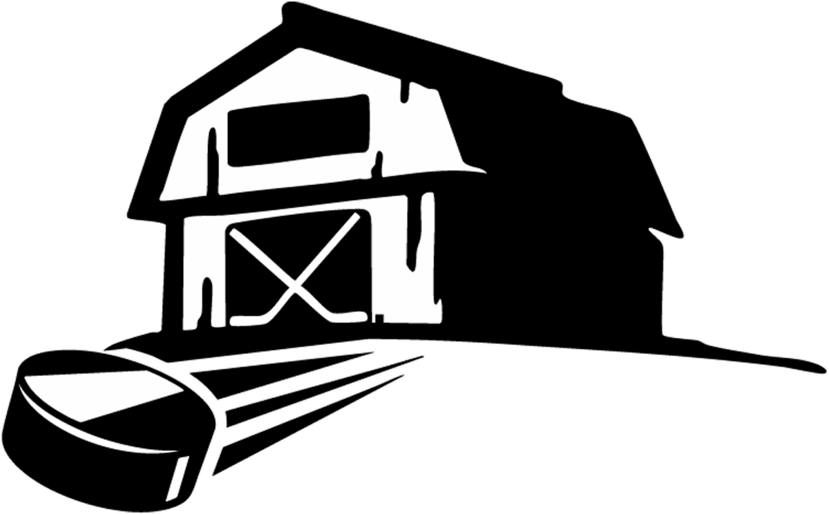 Black and white silhouette of a barn with tracks leading towards it.